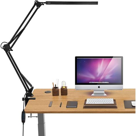 Jiubiaz Lámpara de escritorio LED 10W 10 intensidades 3 tonos luz blanco frío caliente brazo articulado pinza metal botón USB (1/5)