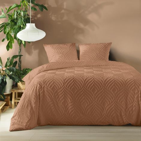 Housse de couette 240 x 220 cm microfibre unie tuftée HELTIE + 2 taies Mocha