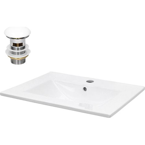 ECD Germany Lavabo Cerámica Blanco Rectangular 610x465x175 mm Con Juego De Drenaje Con Rebosadero Lavamanos Moderno Encastrable Pila Para Baño Aseo Fregadero Válvula De Desagüe Pop Up