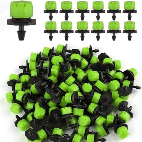 Lot de 100 goutteurs d'arrosage réglables 1/4", micro-gouttes 360° pour système d'arrosage de jardin, arroseurs anti-obstruction pour tuyaux de 4 mm/7 mm, vert