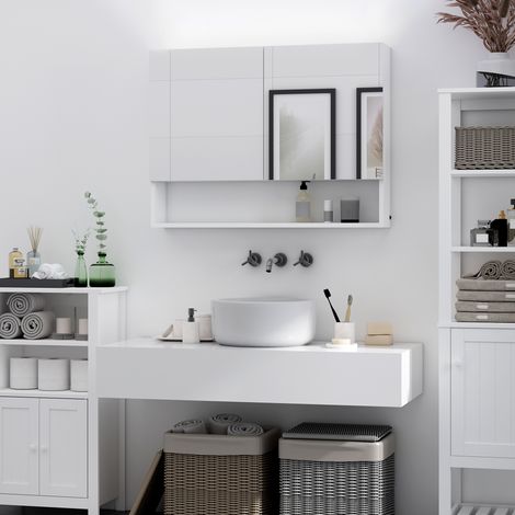 Badezimmer-Spiegelschrank mit LED-Beleuchtung, Wandmontage, offenes Fach und verstellbarer Einlegeboden, Glas und MDF, 80 x 15 x 60 cm
