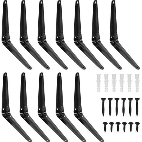 12 Pack 8 x 10 pouces noir support d'étagère lourd, support d'étagère flottant, support d'angle de support L, support d'angle de joint métallique avec vis et ancres Kit pour étagères suspendues (1/5)