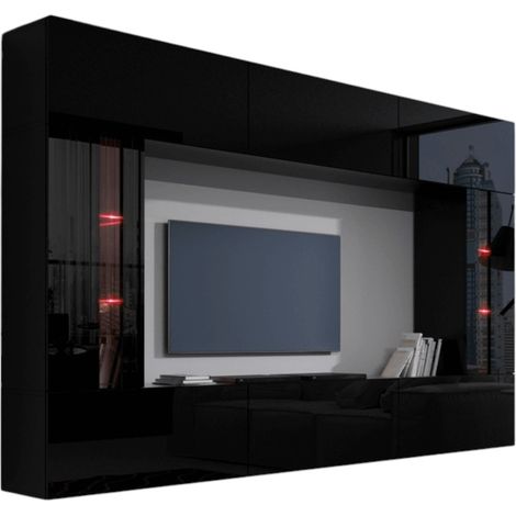 Conjunto de muebles de salón negro, colgantes colección CEPTO XXVIII. 249cm, 8 muebles, leds, modulares.