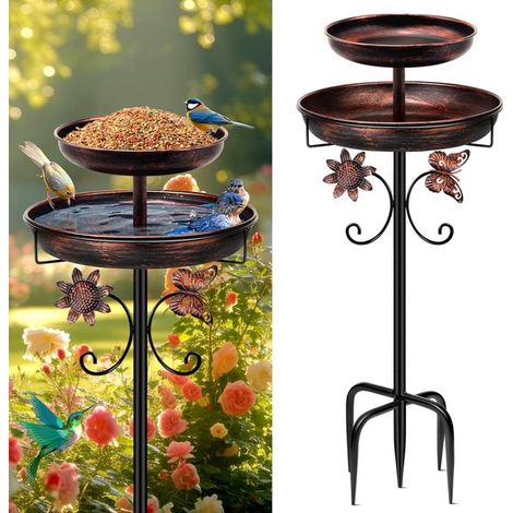 Bain d'oiseaux autoportant - 42 pouces - Double bol - Base à 5 pieds - Bronze antique - Décoration de jardin (1/5)