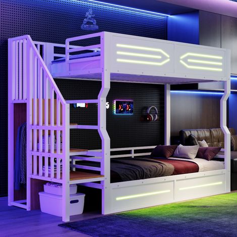 Lit superposé 90x200 cm - Lit mezzanine enfant et ado en métal et MDF blanc - Escalier avec rangement et armoire - Éclairage LED et barrière de sécurité haute - 251.7x95.5x175 cm