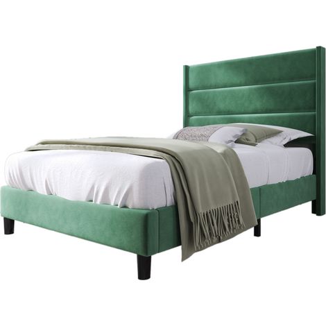 Letto imbottito 90x200 cm in velluto verde scuro con testiera imbottita e rete a doghe, letto singolo moderno per camera ragazzi con spazio sottoletto CHICFURN (1/5)