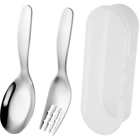 Ensemble de 2 couverts pour enfants (fourchette et cuillère) avec étui de voyage pour la boîte à lunch, en acier inoxydable. (1/5)