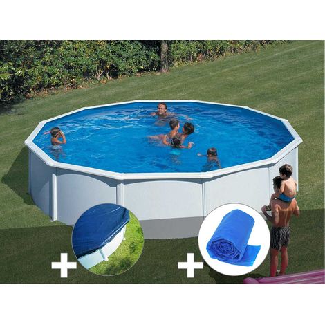 Kit piscine acier blanc Gré Fidji ronde 5,70 x 1,22 m + Bâche hiver + Bâche à bulles