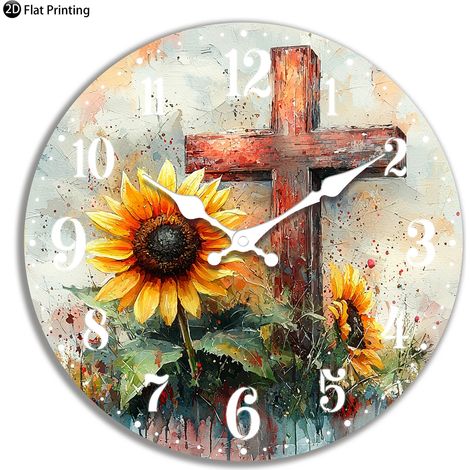 Horloge murale silencieuse en bois (25 cm), horloge analogique à quartz avec motif tournesol en croix, idéale pour la cuisine et la maison. (1/5)