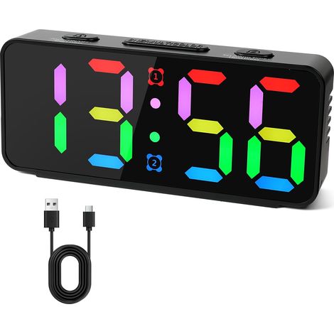 Reloj Despertador Con Pantalla RGB - Alarma Doble - 15 Modos De Color - Alimentación USB Y Baterías AAA - 3 Niveles De Brillo - 5 Niveles De Volumen - Función Snooze (1/5)