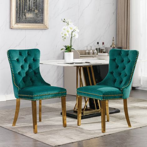 Collezione Moderna, Sedia da pranzo contemporanea di alta gamma in legno massello trapuntato con rivestimento in velluto, gambe in acciaio inox placcato oro, finiture con borchie, set da 2, verde, DE1