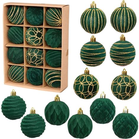 Ornement De Sapin De Noël - Boule Décorative En Velours - 12 Pièces - Vert - 6 cm - Pour Arbre De Noël Intérieur Et Extérieur (1/5)