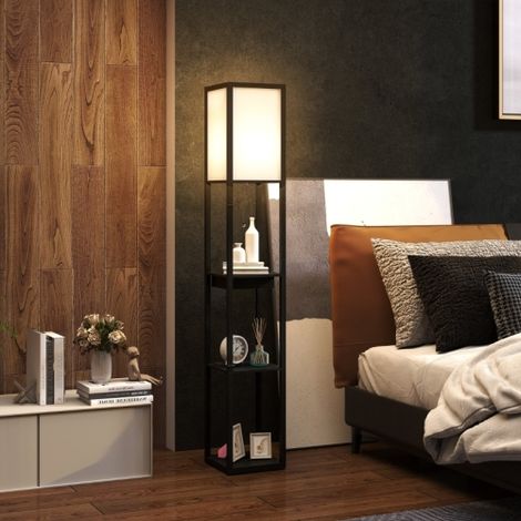 Lampadaire multifonction blanc noir avec trois espaces de rangement, abat-jour souple en tissu, douille E27 et ports de charge USB-A et USB-C, adapté au salon et chambre, ampoule vendue séparément (1/5)