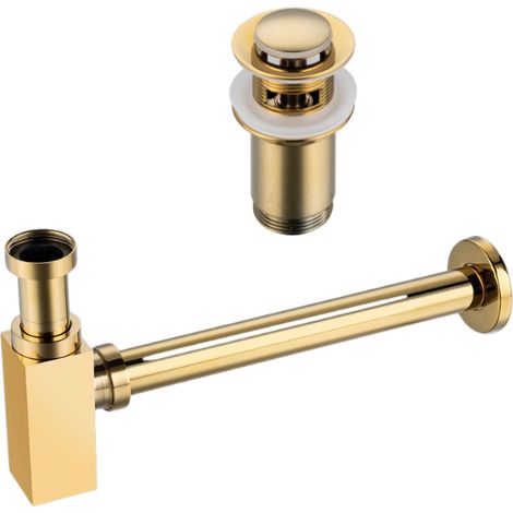 BALNEO - ensemble bonde de lavabo Klik Klak E avec trop-plein dorée + siphon carré doré en laiton - kit pour lavabo (1/5)