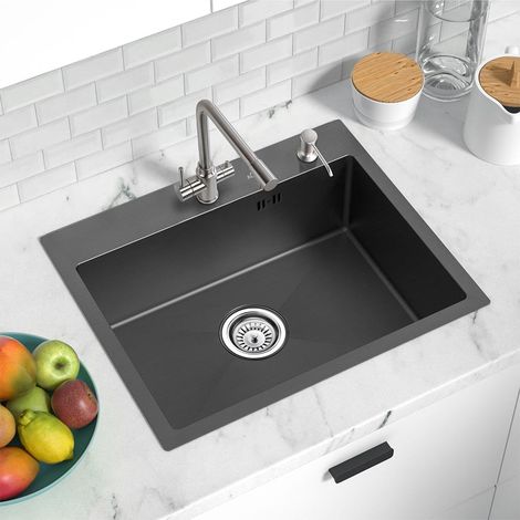 Lavello da Cucina 1 Vasca 55 x 45 cm in Acciaio Inox, Lavandino Incasso Quadrato con 300ml dispenser di sapone e Sifone, Da appoggio o filotop, Grigio scuro (1/5)