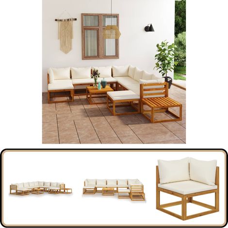 12-tlg. Garten-Lounge-Set mit Auflagen Creme Massivholz Akazie - Loungesessel - Gartenmöbel - Outdoor Möbel - Holz Lounge Set - Akzidenzholzmöbel