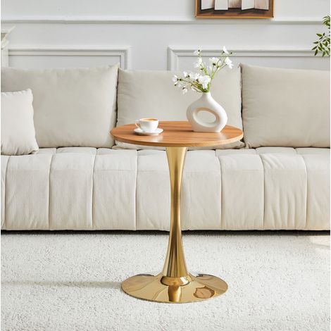 Tavolino rotondo da 60 cm in MDF con base metallica dorata effetto legno (1/5)