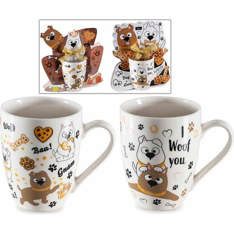 Tasses en porcelaine décor chiens en coffret cadeau découpé avec nœud, lot de 4, tasse : diam. 8 cm x H. 10,5 cm