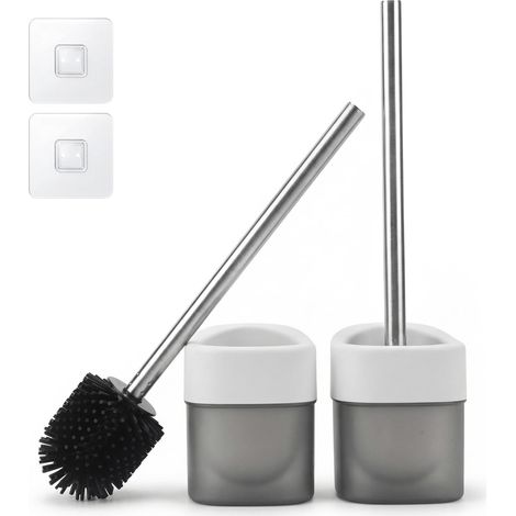Lot de 2 brosses WC en silicone avec poignée en acier inoxydable pour salle de bain, WC, 7 cm de diamètre, noir (1/5)