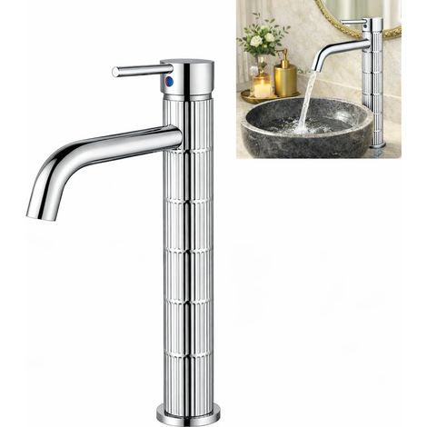 Robinet de lavabo en laiton massif, mitigeur pour salle de bain, finition brossée vintage, mélangeur pour lavabo sur plan de travail, cartouche céramique (chromé, haut) (1/5)