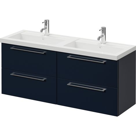 Napoli 390 Deep Blue 1200mm Wall Mounted 4 Drawer Vanity Unit with Double Lucia Basins - 1200mm - Chrome 320mm Handle
