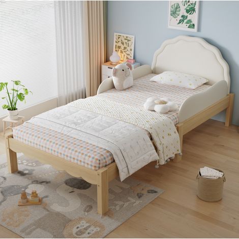 Cama individual infantil 90x200 cm beige y natural de madera con cabecero de PU y barreras laterales (1/5)