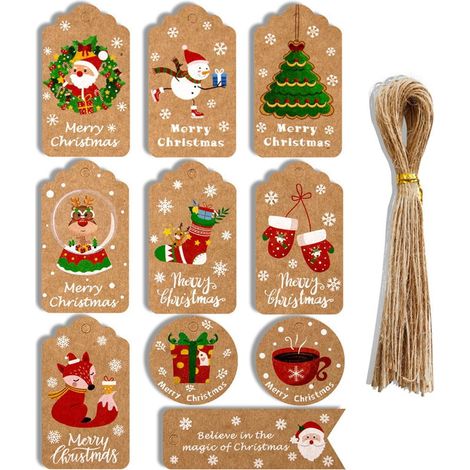 Etiquettes Cadeau Noel - Etiquettes Papier Kraft avec Motifs Noel - Ficelle Incluse - 50 Pièces (1/5)