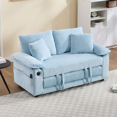 Canapé droit convertible 2 places 3-en-1, 135x66x80 cm, lit d'appoint coulissant, matelas pliable, poches latérales, chenille, bleu (1/5)