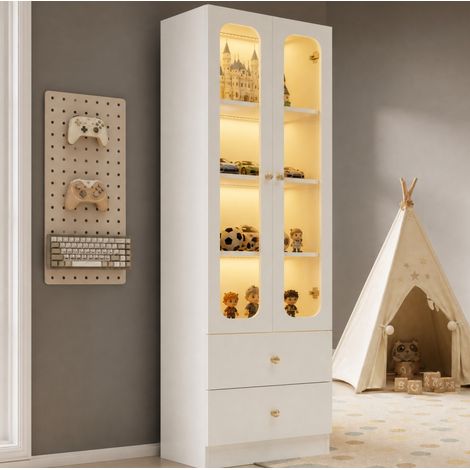 Vitrine 60x35x170 cm en MDF et verre blanc, LED RGB, rangement pour collection – MEUBLIV (1/5)