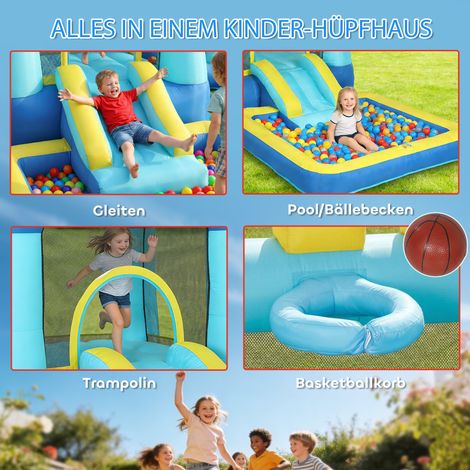 Château gonflable bleu avec souffleur intégré, toboggan, trampoline, piscine à balles et pistolet à eau, dimensions 364 x 173 x 182 cm (1/4)