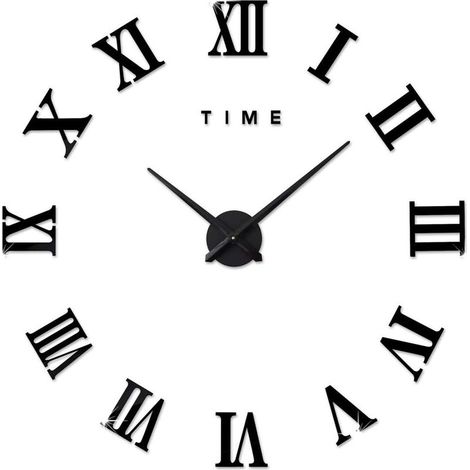 Moderne DIY Grand Pendule Murale Chiffres Romains Big Montre Stickers 3D Horloge Montre Murale Home Office Décoration Amovible (Batterie Non Inclus) Noir (1/4)