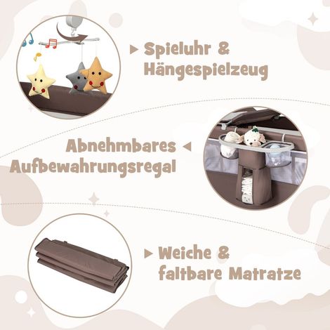 Lit de voyage pliant 5 en 1 avec matelas, lit bébé 2 niveaux avec roues - marron (1/5)
