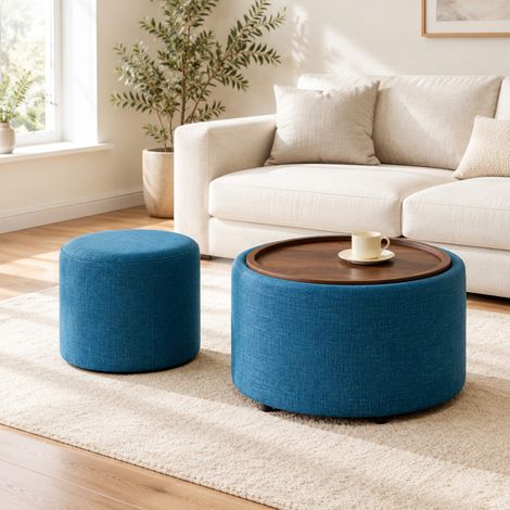 Set di 2 pouf impilabili con contenitore, rivestimento in lino e vassoio in legno, blu HAVRYA