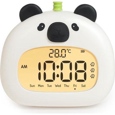 Pandaförmiger Kinderwecker mit Nachtlicht – 8 cm LED-Digitalanzeige, drei Weckzeiten und Datumsanzeige – 1 Stück – Kinderzimmerdekoration, schwarz (1/5)