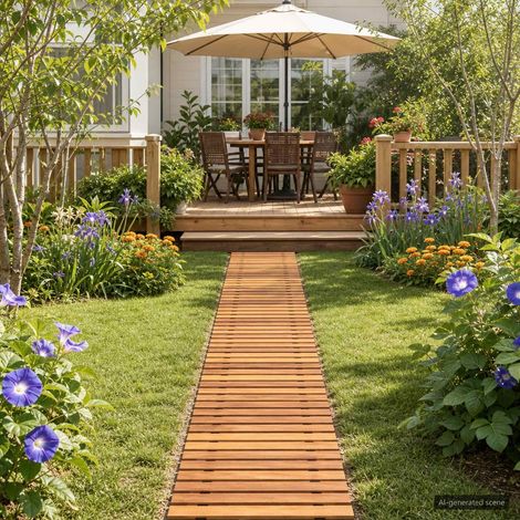 Chemin de jardin 3 pc Naturel 200 x 40 cm Bois d'Acacia Massif (1/5)