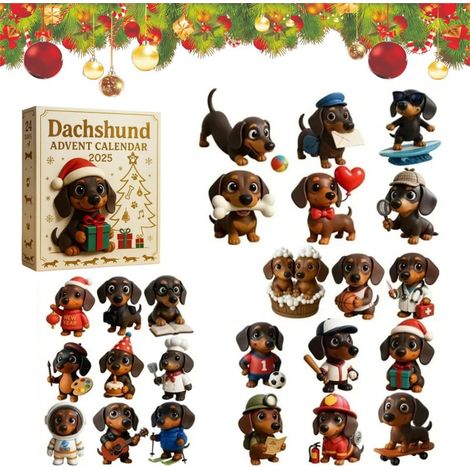 Adventskalender 2026 – 24-teilig – braun, schwarz, rot – Acryl – 28 x 20 cm – Dackel-Weihnachtsbaumschmuck – Christbaumschmuck – geeignet als Weihnachtsgeschenk und für die Inneneinrichtung (1/5)
