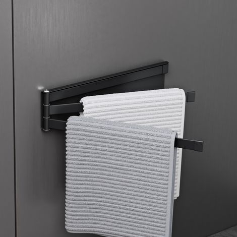 doporro 24cm Porta Asciugamani da Parete Portasciugamani con 3 Bracci Girevole a 180° Porta Asciugamani Adesivo da Parete per Bagno e Cucina Nero Opaco Folda-02