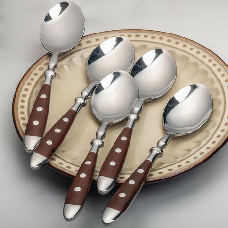 Set mit 6 Edelstahl-Teelöffeln mit braunen Griffen, Espressolöffel/kleine Löffel/Dessertlöffel für (1/5)
