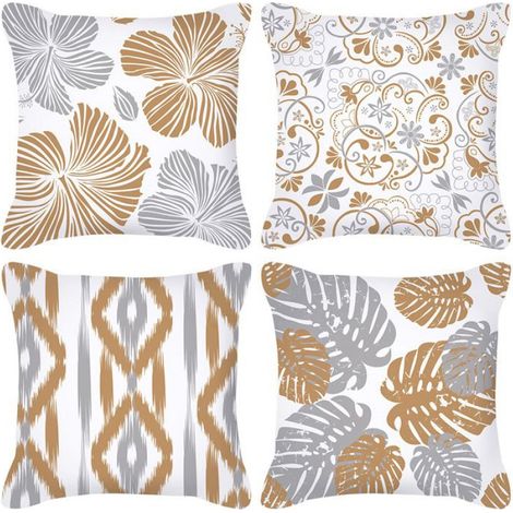 Lot de 4 Housse de coussin, Lin 45x45 cm, Motif floral abstrait, Fermeture éclair invisible, Décoration salon chambre (1/5)