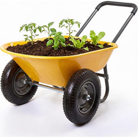 Brouette de jardin robuste utilitaire – Chariot extérieurérieur à double roue avec support intégré – jardin, pelouse, cour – Jaune - double roue (1/5)