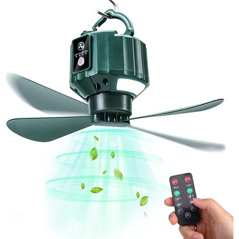 Ventilateur De Camping - Avec Lampe LED Intégrée - Batterie Rechargeable 5200 mAh - Télécommande - Minuterie - 3 Vitesses - 3 Niveaux De Luminosité - Pour Tente Et Activités Extérieures - 1 Pièce (1/5)