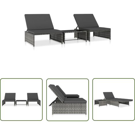 Lot de 2 Chaises longues Bain de soleil Transat avec table Résine tressée Gris 57163 (1/5)