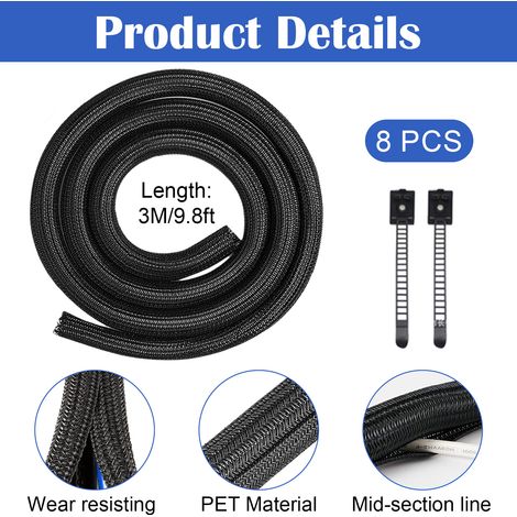 Gaine De Câble - 3 M - Diamètre Réglable 8 À 20 Mm - Nylon Tressé - Pour Bureau Tv Ordinateur - Avec 8 Fixations Autoadhésives (1/5)