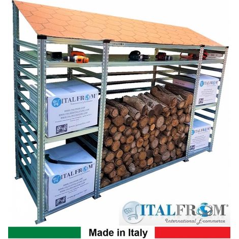 Legnaia Modulare ITALFROM� in Acciaio Zincato Autoportante - con 7 Ripiani Portaoggetti - Modulo Iniziale - cm L218(M1=60 + M2=98 + M3=60)xP60xH200 Tetto Verde (1/4)