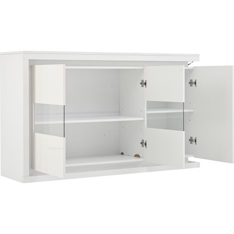 Buffet de salon 140 x 40 x 84 cm, commode moderne à 4 compartiments, largeur 140 cm, meuble d’appoint avec bande lumineuse LED, buffet laqué brillant avec portes en verre trempé, adapté aux couloirs, (1/5)
