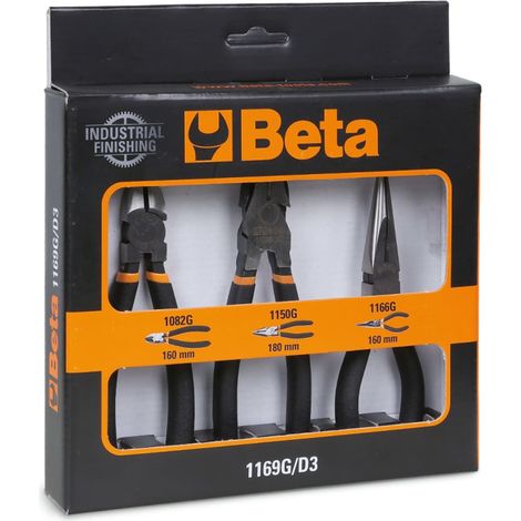 Beta 1169G/D3 - Assortimento di 1 pinza universale, 1 pinza becchi mezzotondi lunghi e 1 tronchese, con 2 strati di PVC antiscivolo con finitura industriale (1/4)