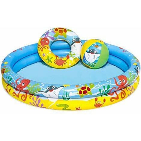 TRADE SHOP - Set Piscina Gonfiabile A 2 Anelli Per Bambini 122x20 Cm Con Palla Salvagente 51124 - (1/5)