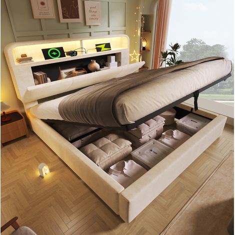 lit coffre 160x200 avec tête de lit LED Beige HAVRYA (1/5)