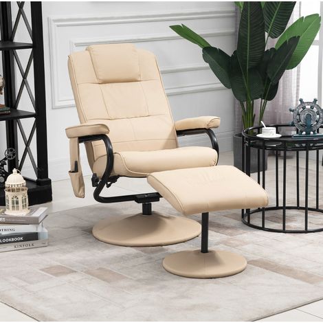 Sillón reclinable de masaje (80x64x39 cm), giratorio 360°, con reposapiés, polipiel, blanco crema (1/5)