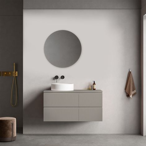 Mobile bagno sospeso cannettato reversibile 100 cm Grigio Cenere per Lavabo d'appoggio Specchio Tondo - Fiji Paint Top Canneté (1/4)
